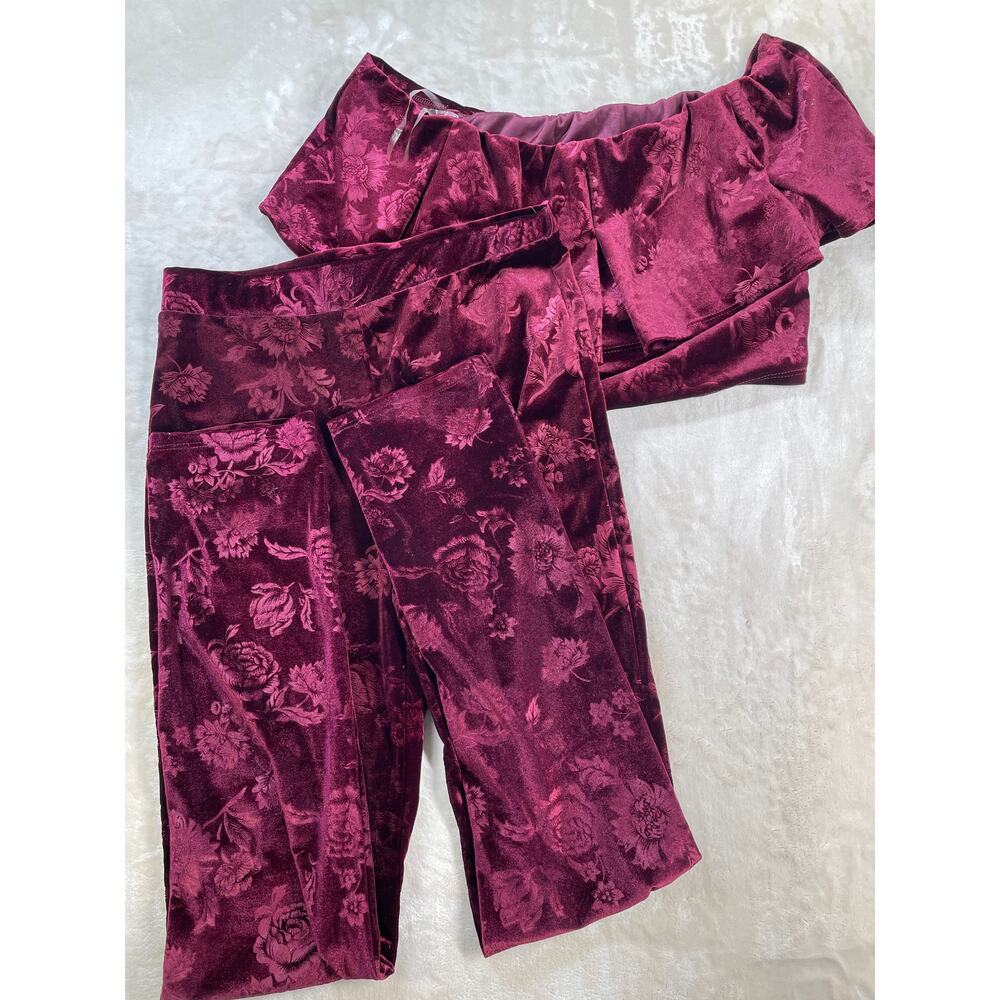 Vintage Womans Dead Stock Y2k Wine Velour Off the Shoulder Crop Top Pant Set L - Picture 13 of 16